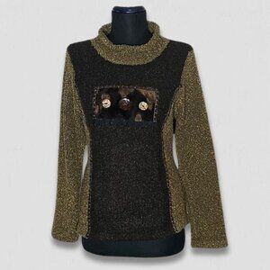 Vintage 80s 90s Baluchi Sweater Soft Knit Button Faux Fur Front Brown/Beige S/M
